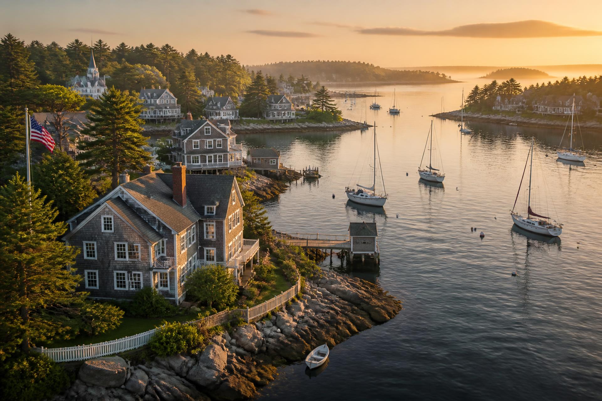 Shingled coastal Maine homes above a harbor with moored sailboats at sunrise